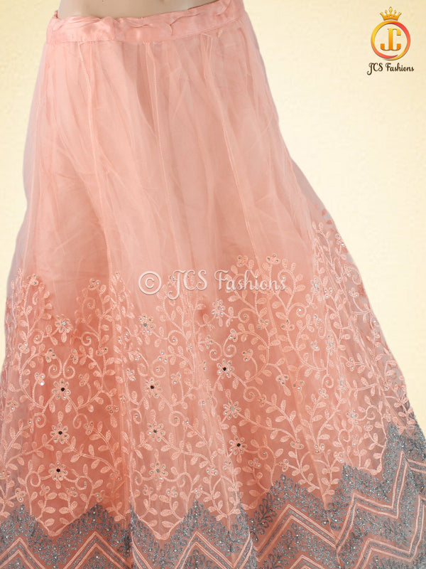Traditional Embroidery And Mirror Work Soft Net Lehenga