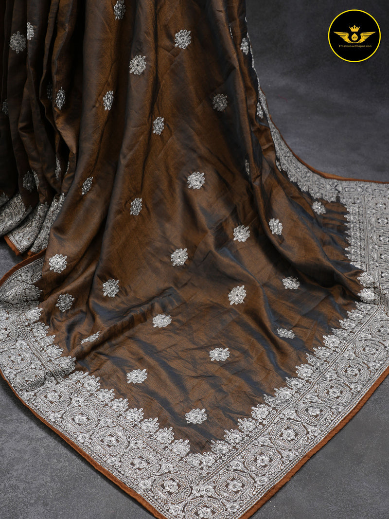 Silver Jari Embroidery And Stone Work Heavy Tussar Silk Saree