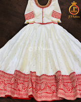 Traditional long gown with banarasi border in Cream and Red KURTI JCS Fashions