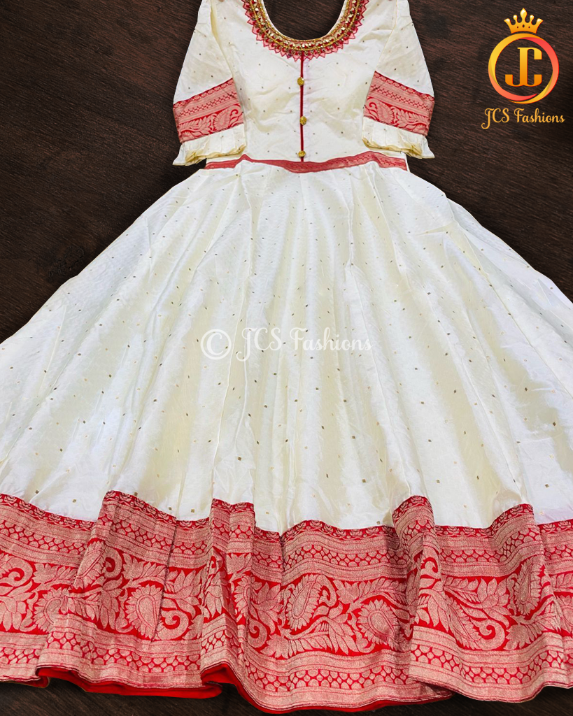 Traditional long gown with banarasi border in Cream and Red KURTI JCS Fashions