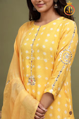 Yellow Bandhini Straight Kurti With Potli Pants and matching Stole