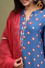 Women's Blue Bandhani Kurta With Mirror Detailing