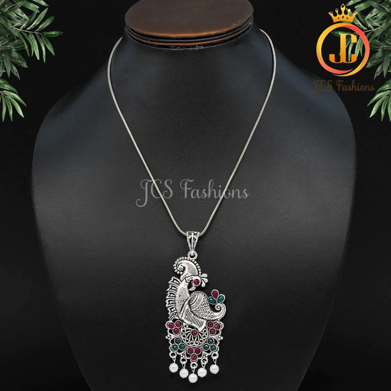 Red Color Peacock Inspired Silver Plated Necklace For Women