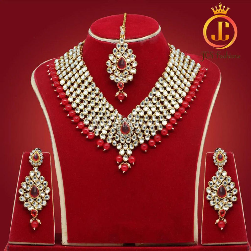 Red Kundan Neck Set with Earrings and Tikka