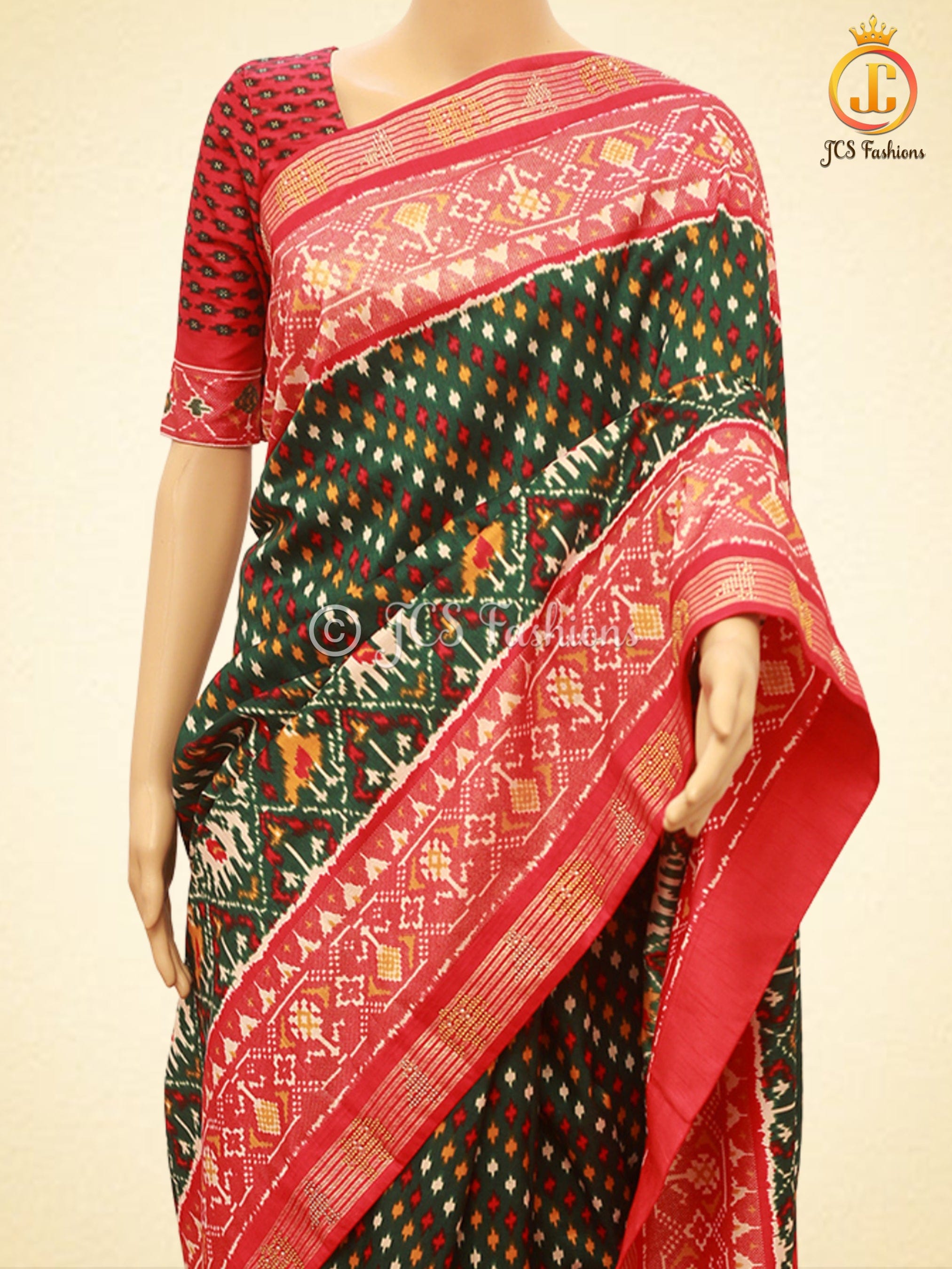 Patola Printed Ikkat Designer Gajji Silk Sarees With Printed Blouse SAREE JCS Fashions Green 5.5 meters