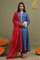 Women's Blue Bandhani Kurta With Mirror Detailing