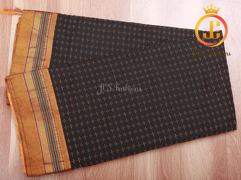Ilkal Saree - Black Mercerized Soft Cotton Silk Saree With Running Blouse