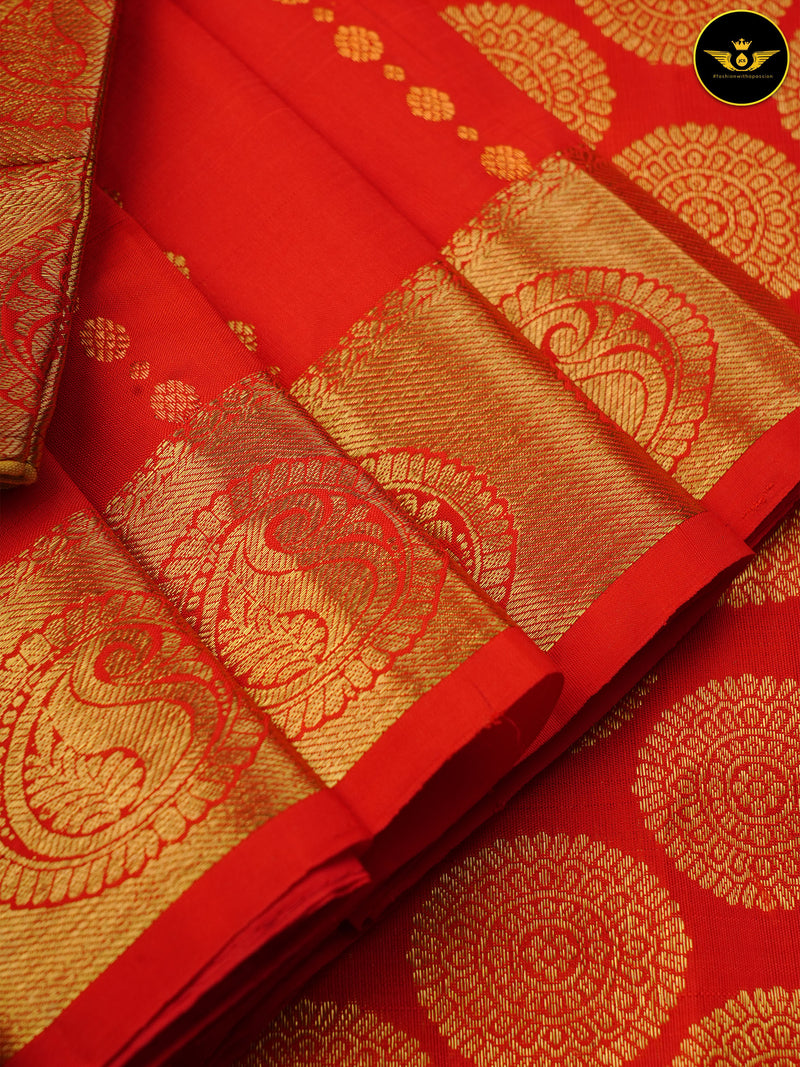 Pure Kanchipuram Saree: Gold and Copper Zari Butties and Fully Stitched Blouse