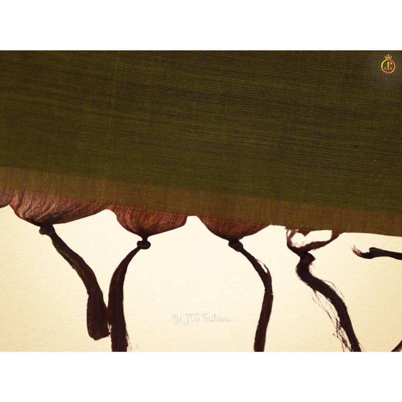 Kanchi Rich Cotton Olive Green Vaira Oosi Zari Work Saree