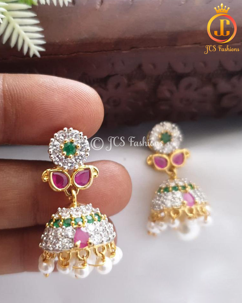 Stylish AD Earrings with Push Back | Perfect for formal occasions Jewelry JCS Fashions Green & Pink &White 1"