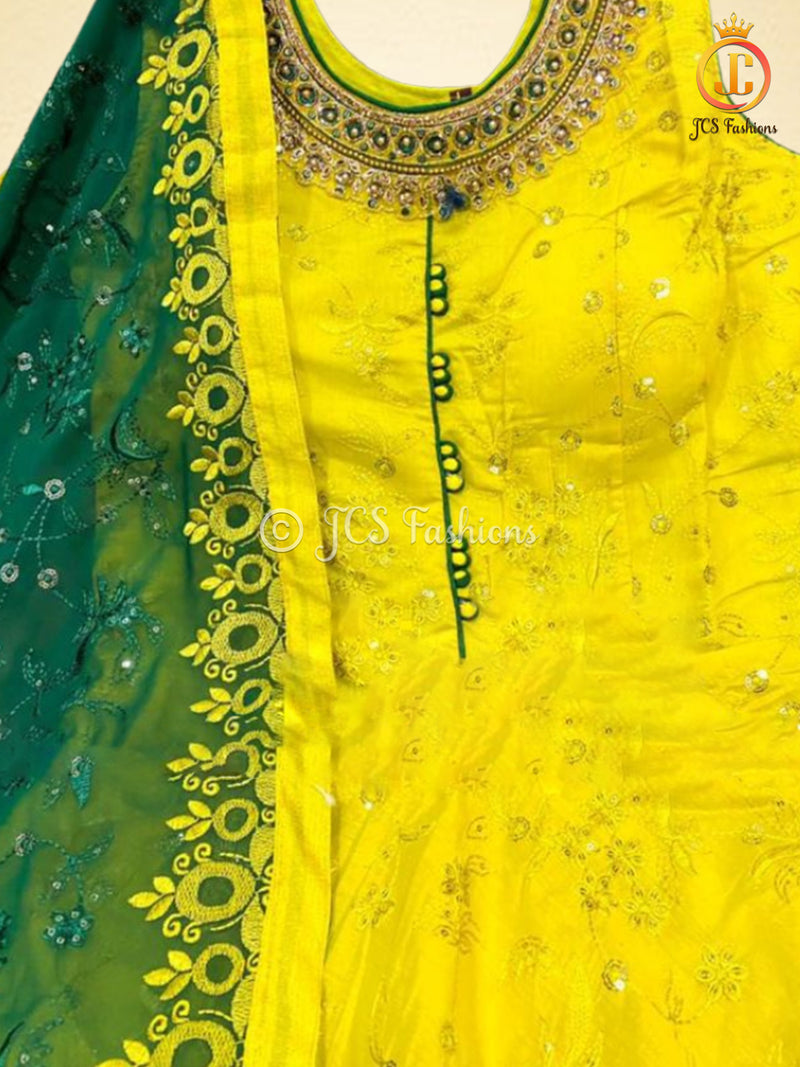All-Over Embroidery & Sequins Work Long Gown in Greenish Yellow