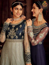 Designer Floor Length Gown in Blue and Grey