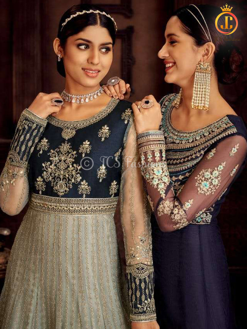 Designer Floor Length Gown in Blue and Grey