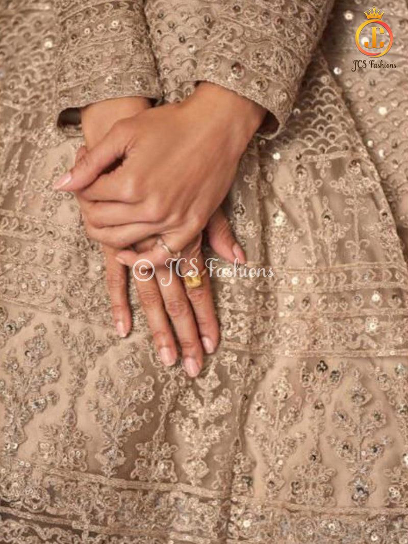 Heavy Embroidery and Sequins work Floor Length Kurti in Beige