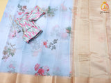 Stunning Pure Handloom Organza Printed Saree with Fully Stitched Printed Blouse