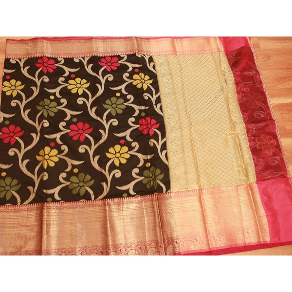 Banarasi Handloom Saree with All Over Zari & Designer Pallu, Beautiful Contrast Zari Work Border