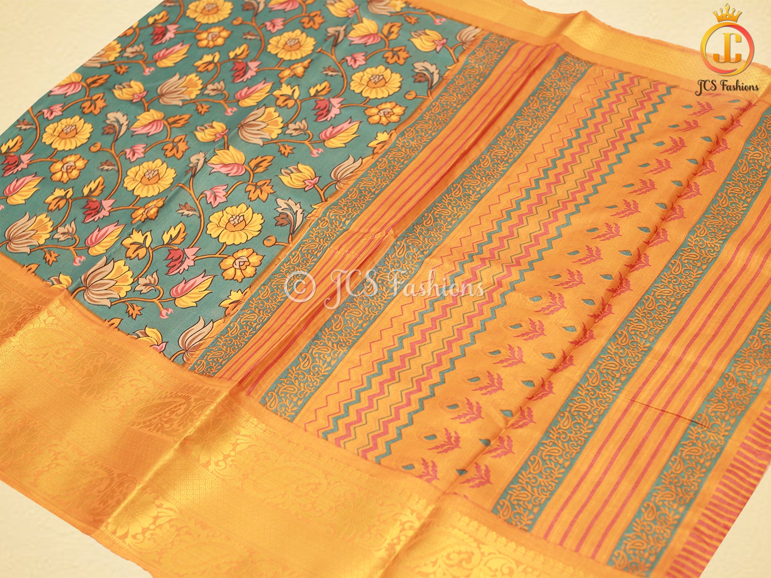 Soft Silk Saree With Blouse, Allover Kalamkari Design. SAREE JCS Fashions