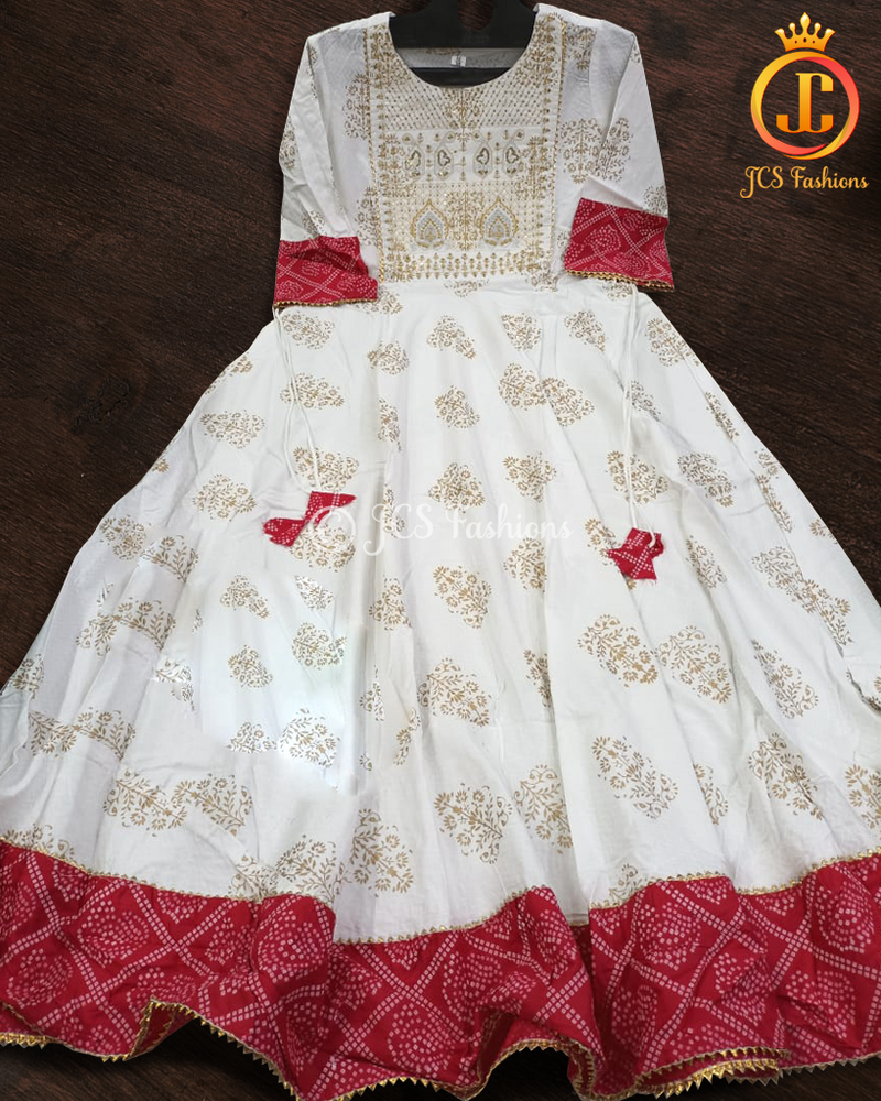 Women's Traditional Ethnic Long Gown kurti in White and Red
