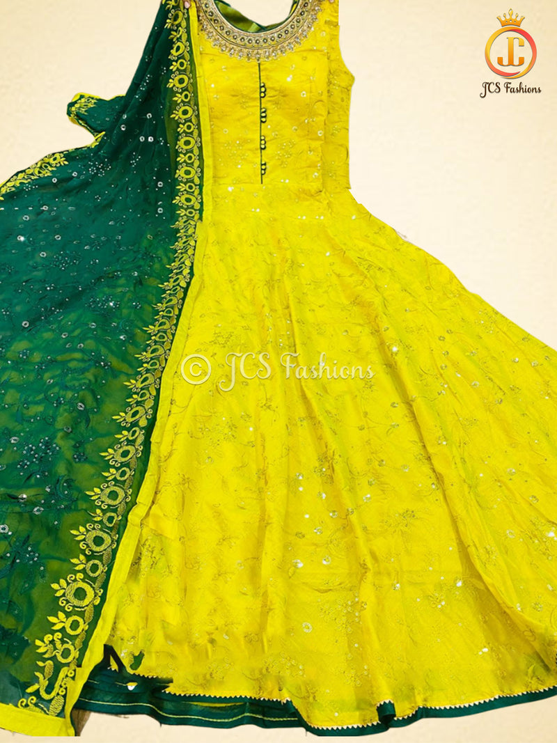 All-Over Embroidery & Sequins Work Long Gown in Greenish Yellow