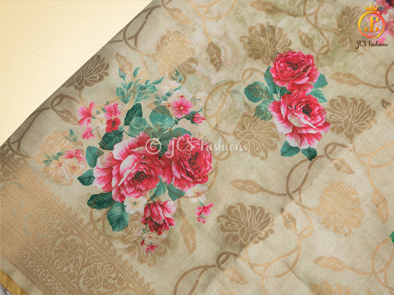 Semi Munga Silk Weaving Saree With floral prints, Fully Stitched blouse