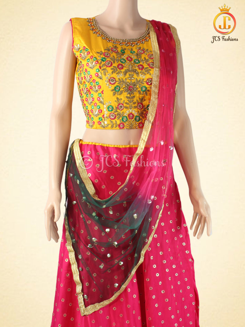 Weaving Zari Buttie Silk Lehenga With Dual Shade Soft Net Dupatta