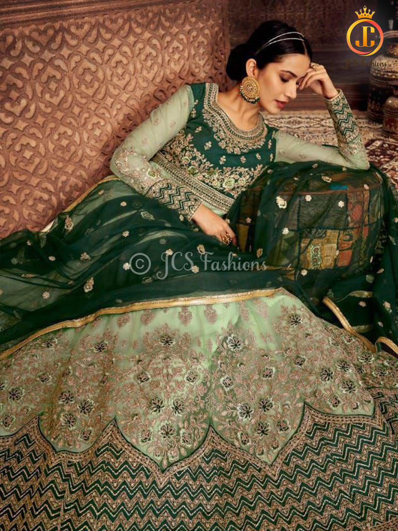 Designer net with embroidery work Floor length Gown | Green