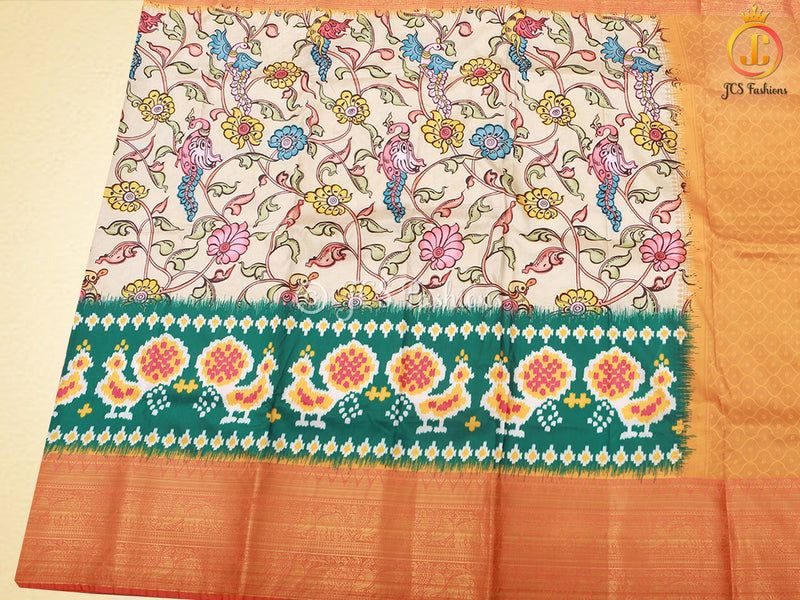 Kalamkari And Patola Prints Soft Silk Saree With Kanchi Border