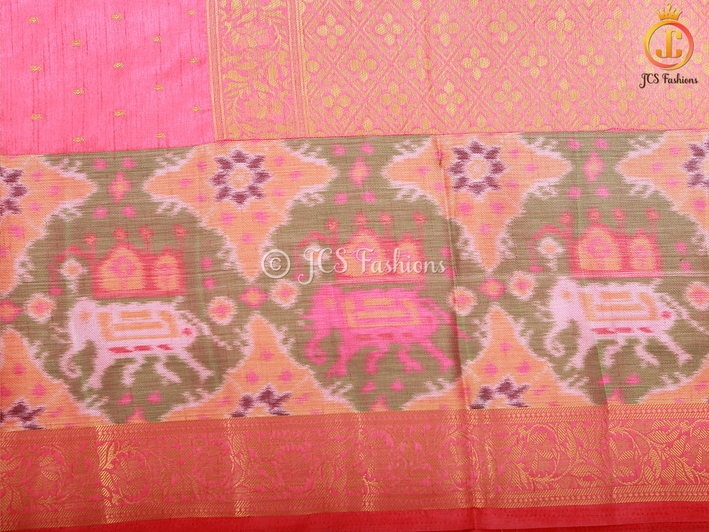 Golden Zari & Pochampally Ikkat Border Semi Silk Saree With Blouse SAREE JCS Fashions
