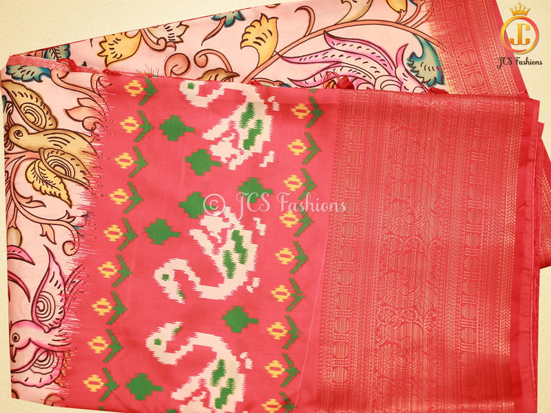 Kanchi Border Soft Silk Saree with Kalamkari and Patola Prints