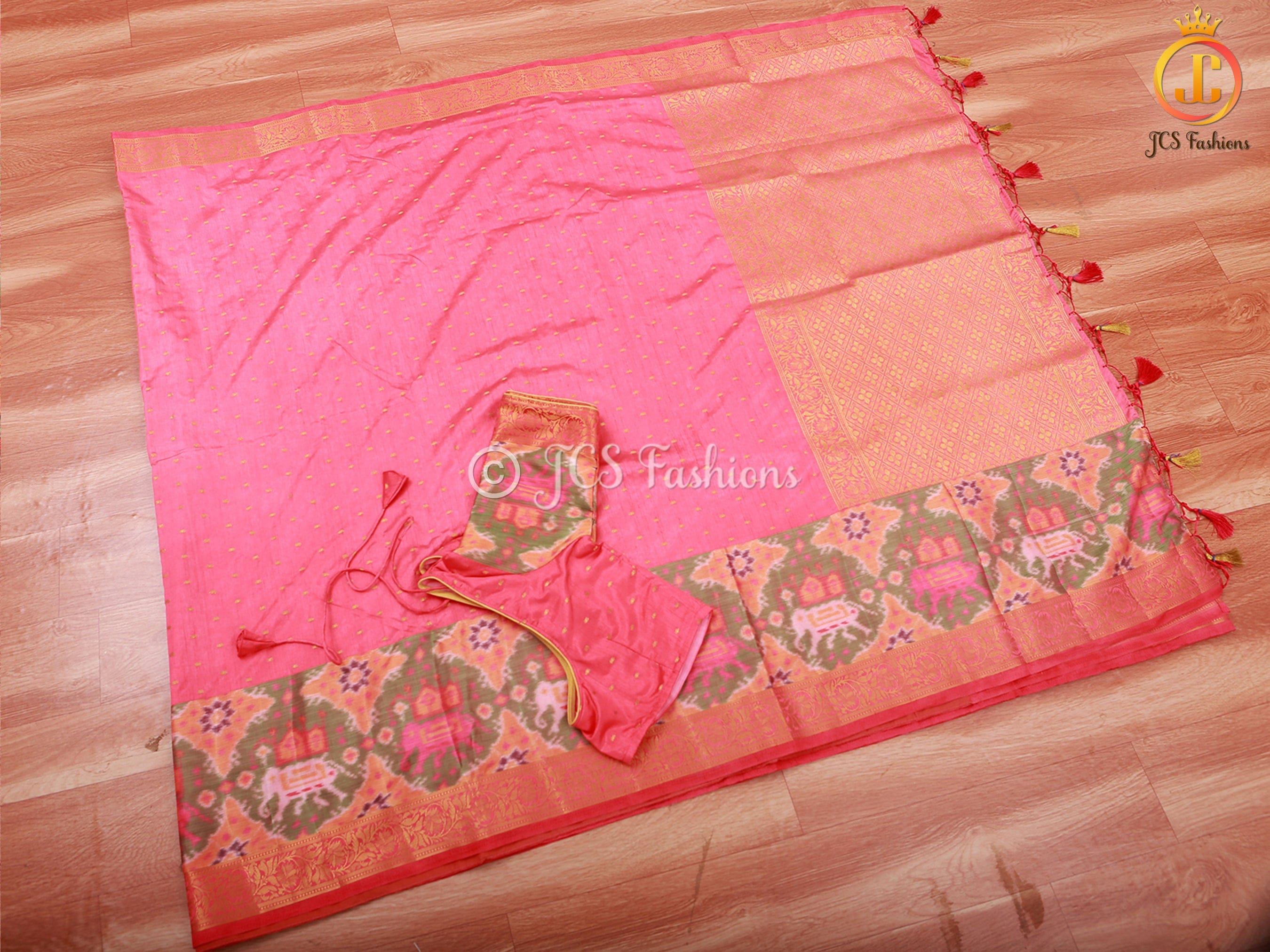 Golden Zari & Pochampally Ikkat Border Semi Silk Saree With Blouse SAREE JCS Fashions Peach 5.5 meters
