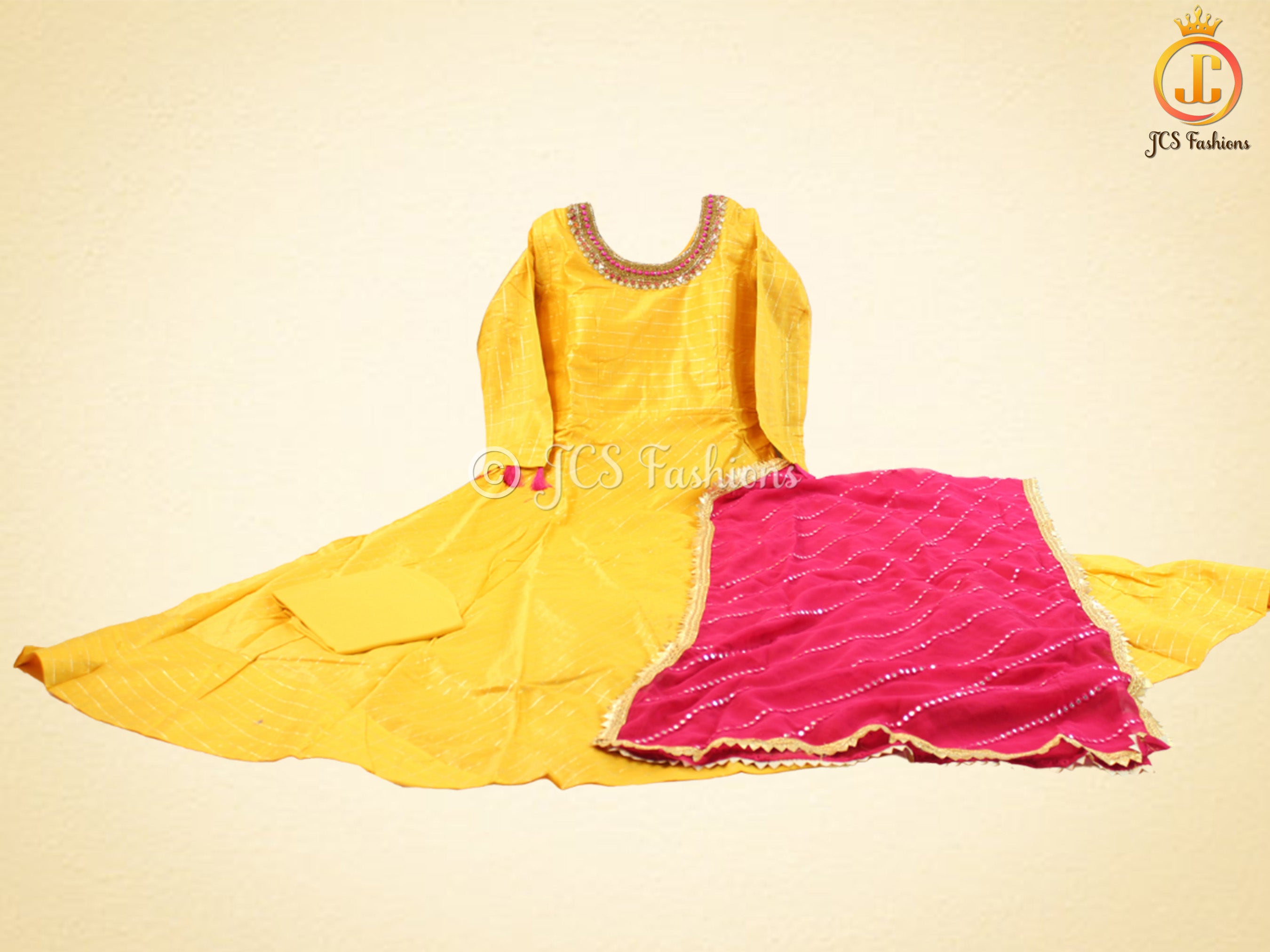 Traditional Anarkali long gown with self zari weaving in Yellow KURTI JCS Fashions