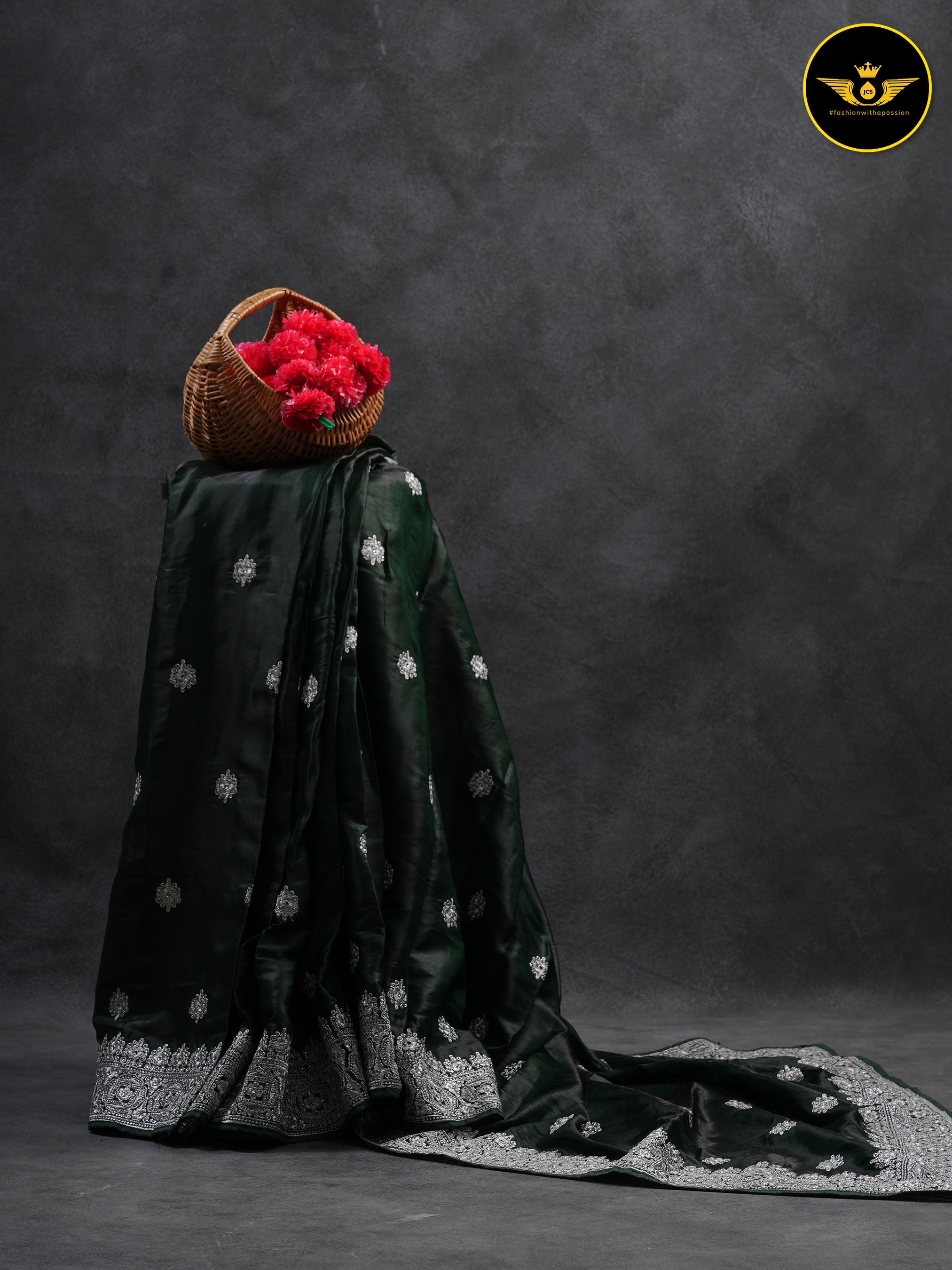 Heavy Tussar Silk Saree With Silver Jari Embroidery And Stone Work SAREE JCS Fashions Green 5.5 meters