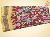 Kalamkari Design Saree With Blouse, Brown Color Saree with Floral designs
