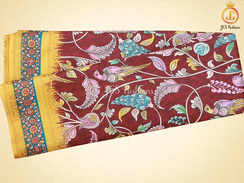 Kalamkari Design Saree With Blouse, Brown Color Saree with Floral designs