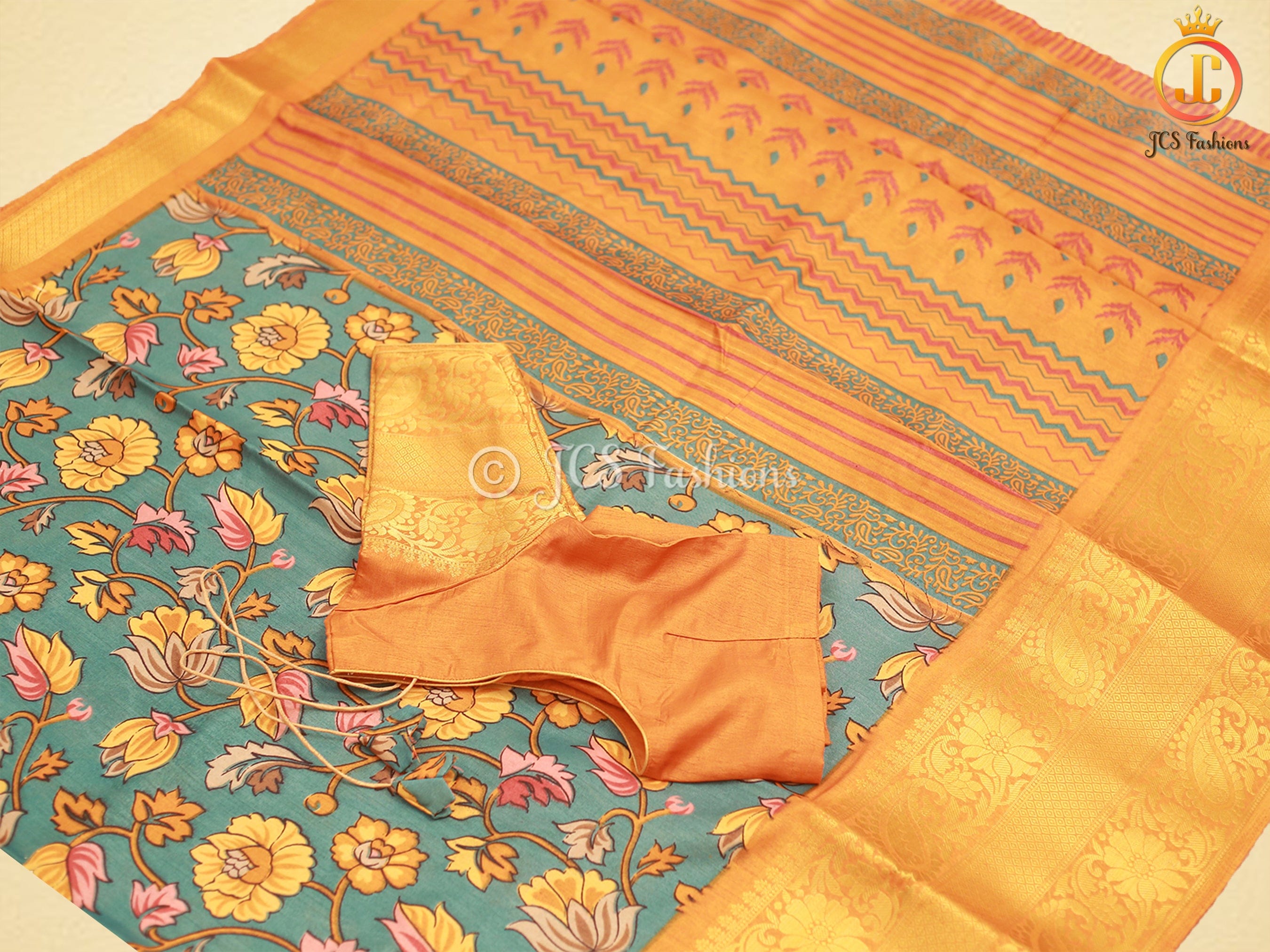 Soft Silk Saree With Blouse, Allover Kalamkari Design. SAREE JCS Fashions Blue 5.5 meters