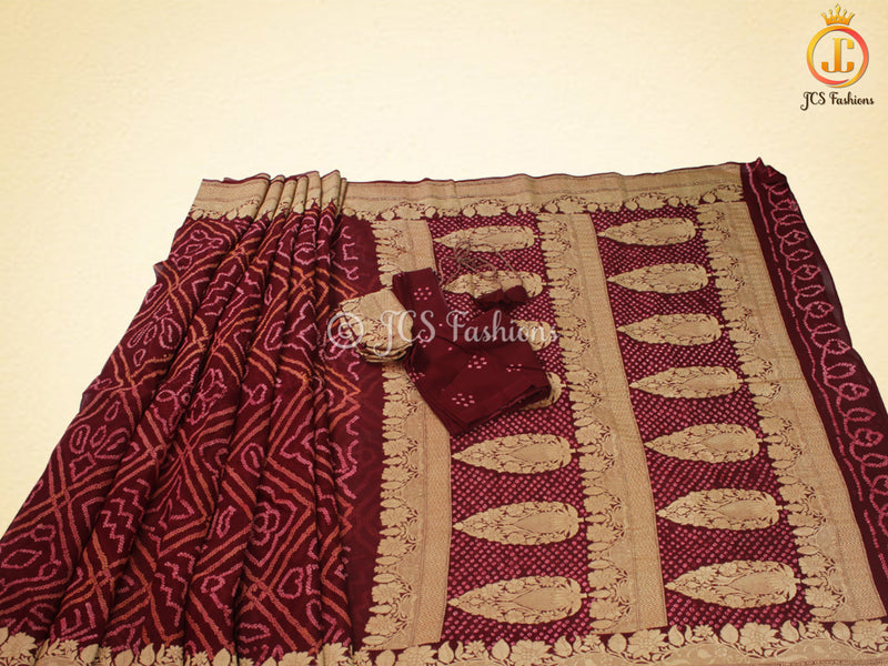 Maroon Pure Khaddi Georgette Rai Bandhej Saree, Silk Mark Certified