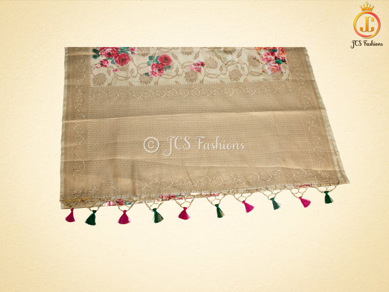 Semi Munga Silk Weaving Saree With floral prints, Fully Stitched blouse