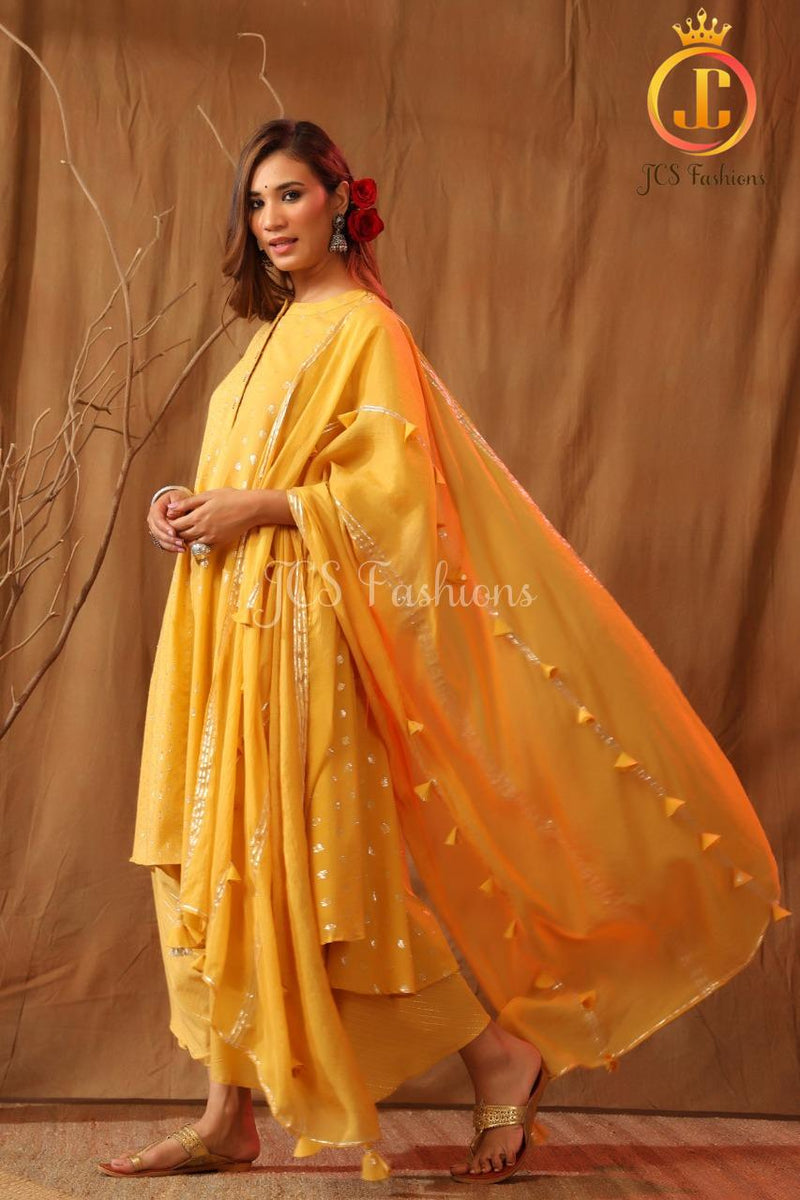 Women's Cotton Asymmetrical Kurta Set With Stole and Potli Pants