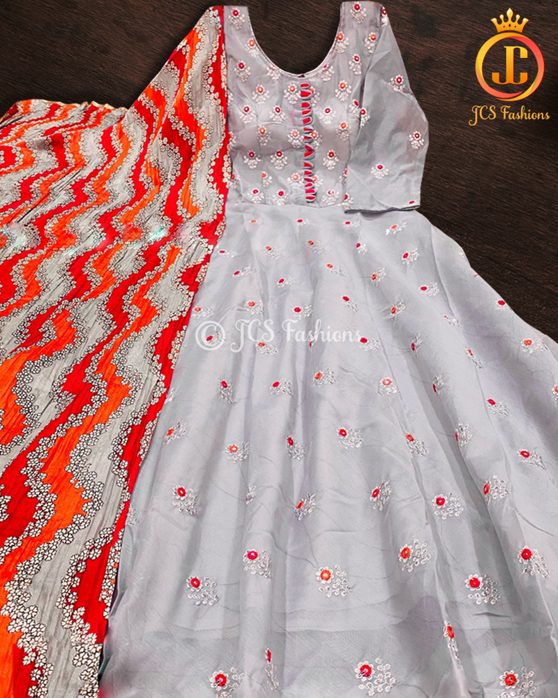Long gown with mirror and sequins work in grey