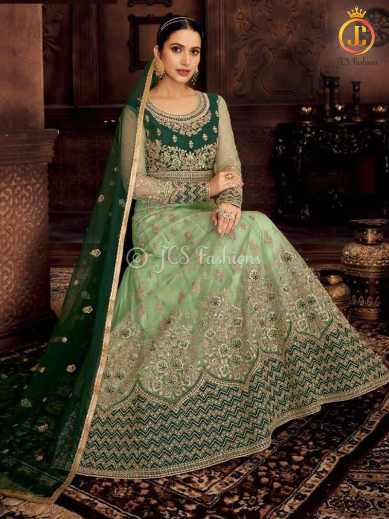 Designer net with embroidery work Floor length Gown | Green
