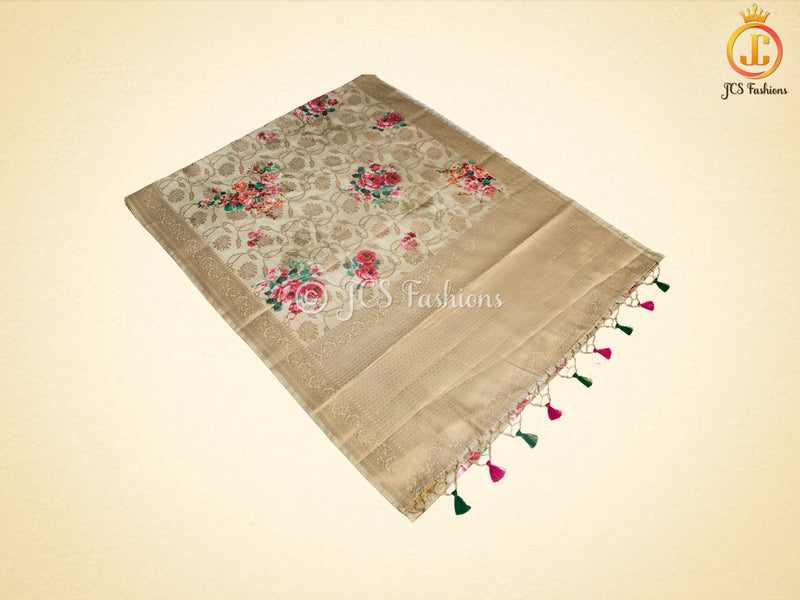 Semi Munga Silk Weaving Saree With floral prints, Fully Stitched blouse