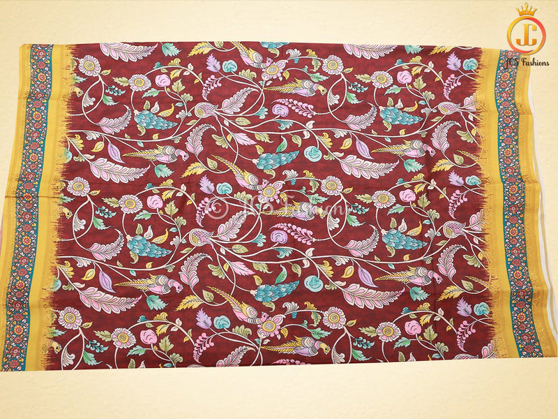 Kalamkari Design Saree With Blouse, Brown Color Saree with Floral designs
