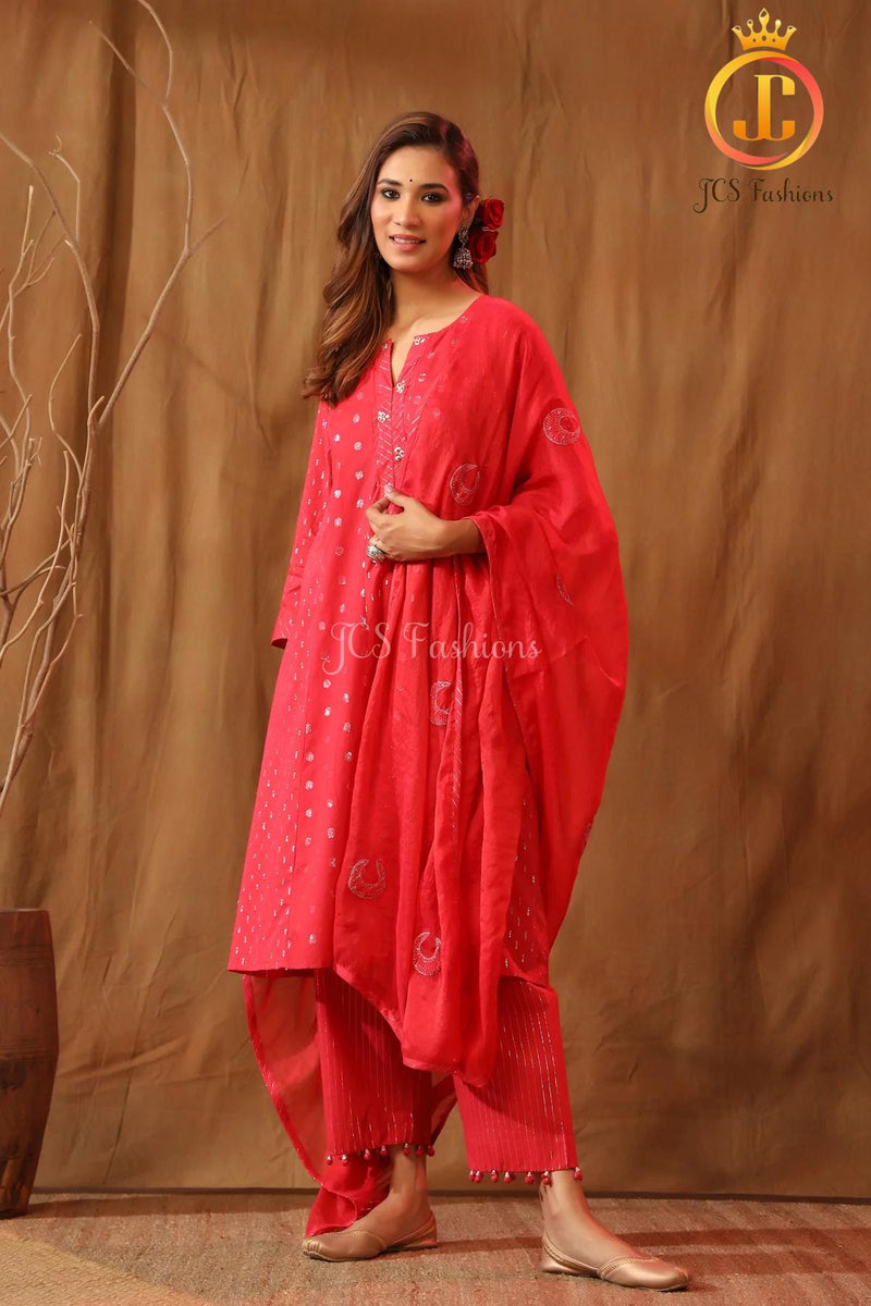 Cotton Shimmery Kurta with Stole, and matching potli pants