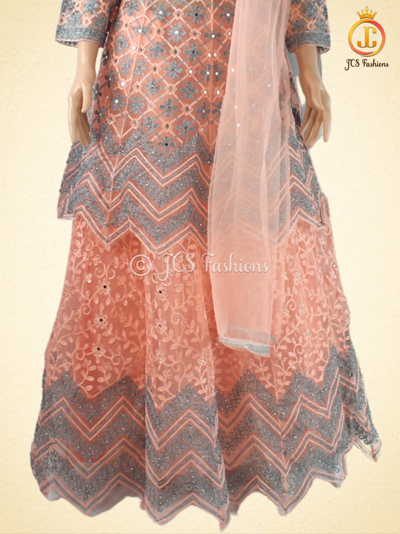 Traditional Embroidery And Mirror Work Soft Net Lehenga