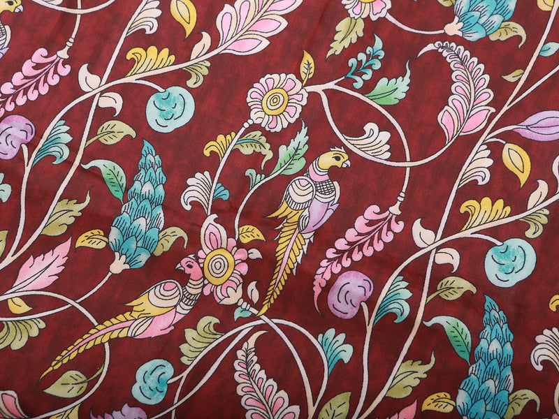 Kalamkari Design Saree With Blouse, Brown Color Saree with Floral designs