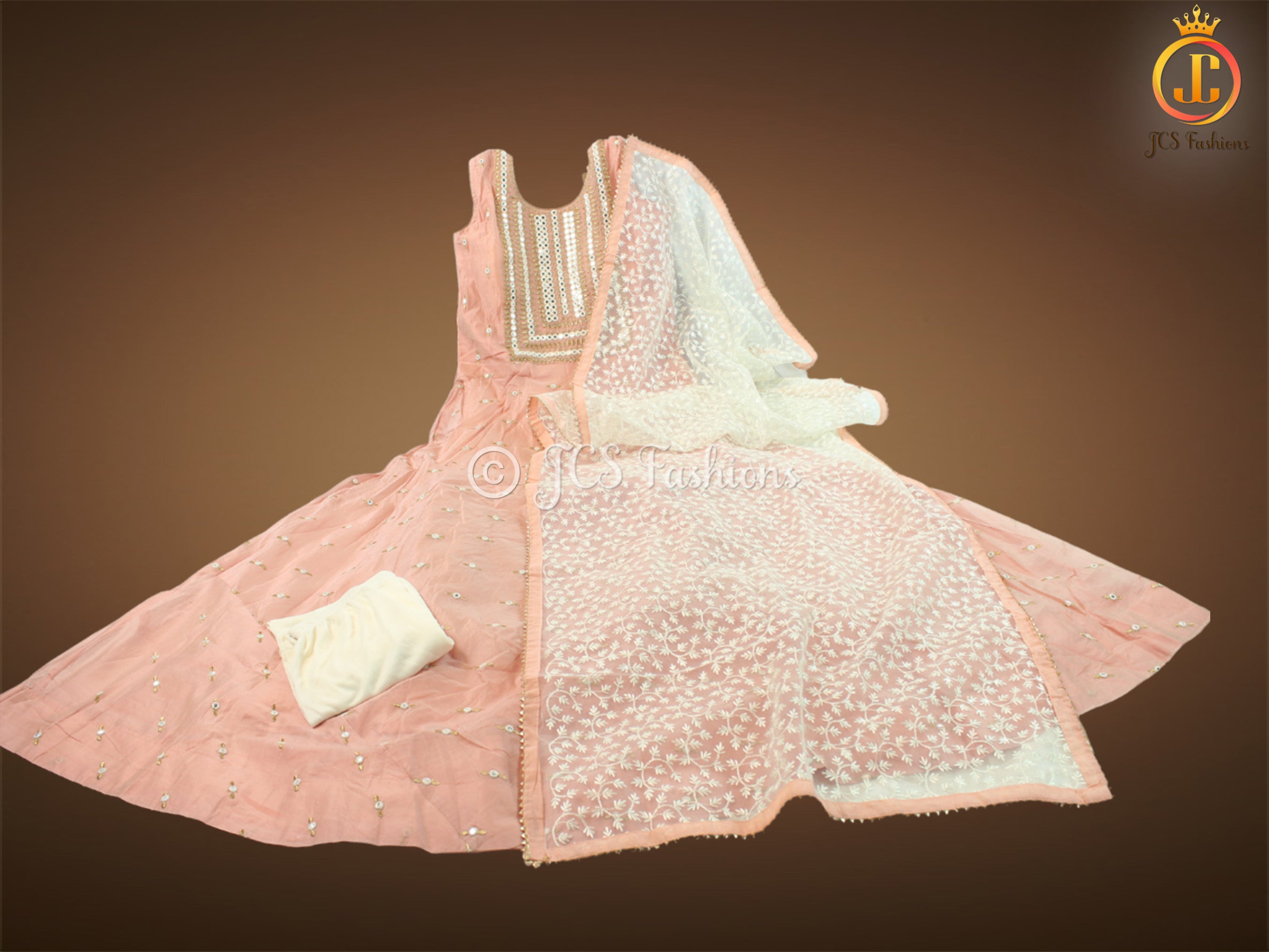Imitation Mirror Work Silk Cotton Long Gown With Soft Net Dupatta KURTI JCS Fashions Pastel Peach Large (40)