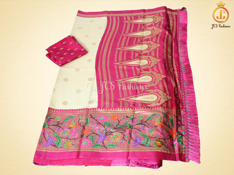 Foil Print Paithani Silk Printed Saree With Contrast Foil Print Blouse