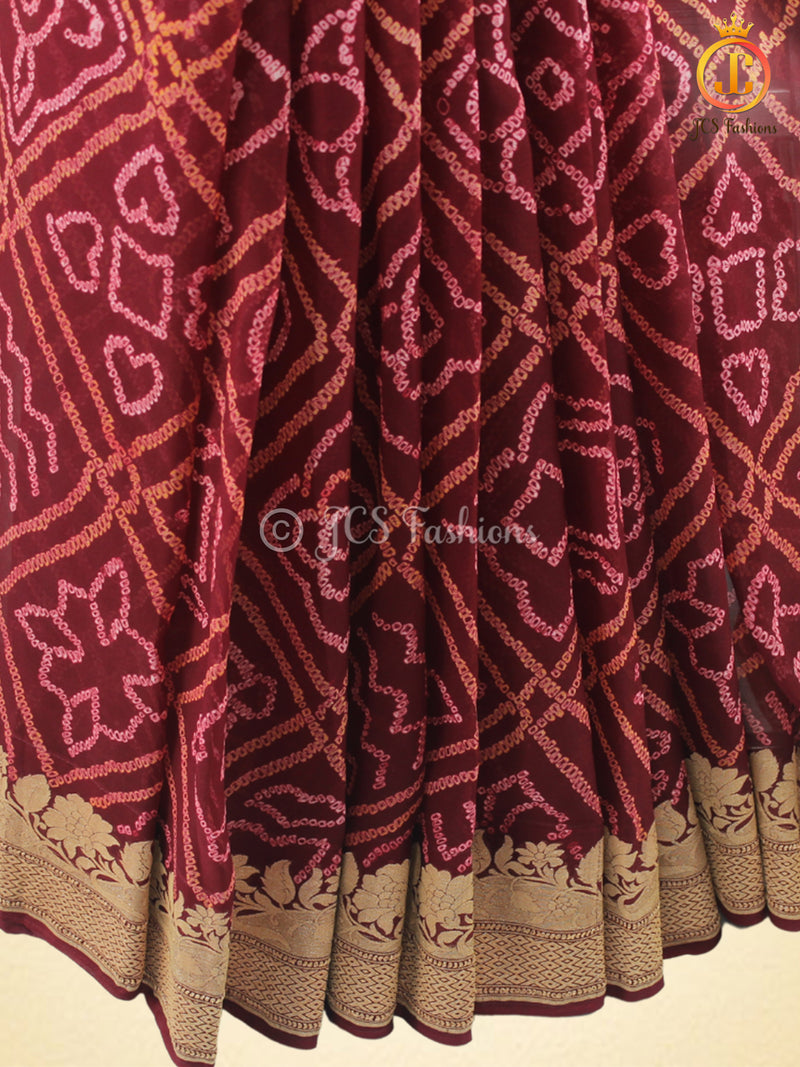 Maroon Pure Khaddi Georgette Rai Bandhej Saree, Silk Mark Certified