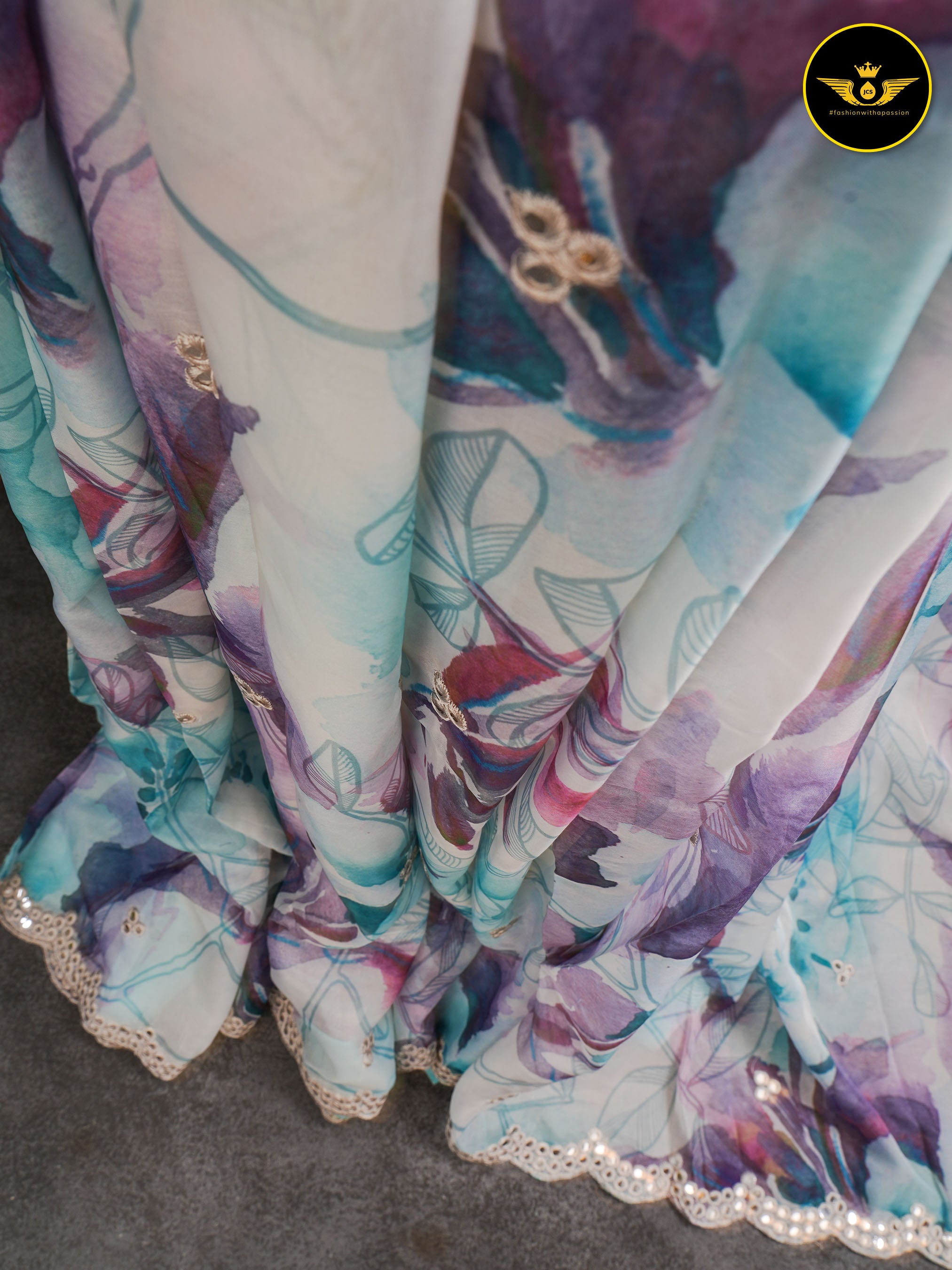 Chiffon Crepe Saree with Mirror Work Border and Designer Blouse SAREE JCS Fashions