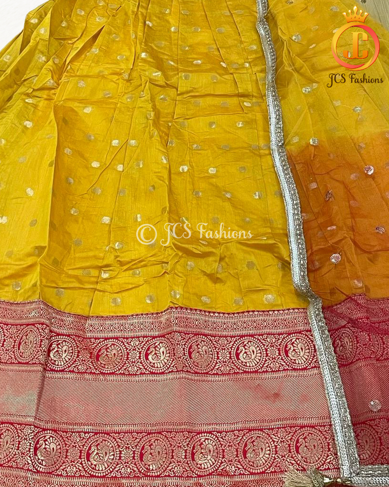Traditional Long Gown with zari borders in Unique Red and Yellow
